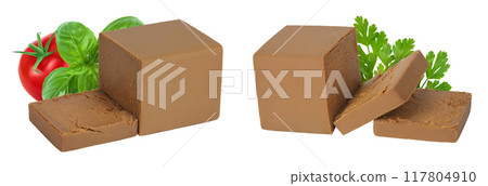 Brown cheese. Norwegian brunost isolated on white background with full depth of field 117804910