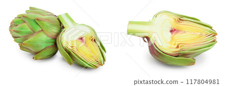 Fresh Artichokes and half isolated on white background closeup Fresh Artichokes and half isolated on white background closeup 117804981