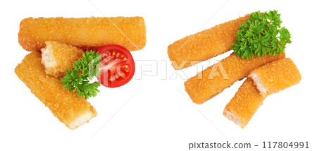 Fish finger or stick isolated on white background with full depth of field. Top view. Flat lay. Fish finger or stick isolated on white background with full depth of field. Top view. Flat lay. 117804991
