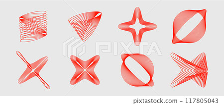 Collection of various geometric shapes, including spirals, stars, and ovals, rendered in red on a gray background. 117805043