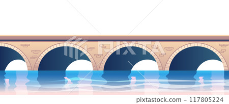 Bridge over river scenic landscape arched stone structure water reflection tranquil background travel design element 117805224