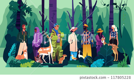 People community group nature forest animals. Diverse group of people and animals in a lush forest scene with trees and foliage. Website design landing page template 117805228