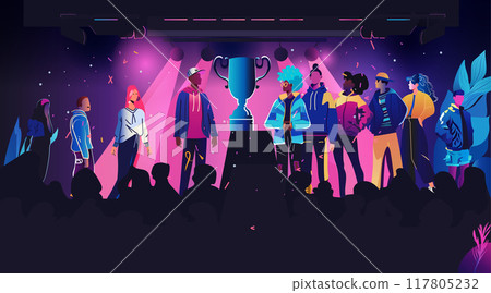 Community people group on stage celebrating trophy achievement vibrant colors spotlight audience backdrop night scene 117805232