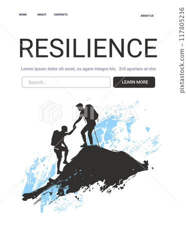Resilience Mental Health Concept two hikers climbing mountain helping each other blue abstract background website template 117805236