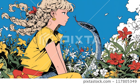 新年卡片：一位與蛇是朋友的年輕女子 117805349