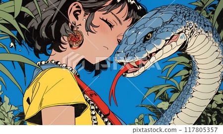 For New Year's cards: A young woman who is friends with a snake 117805357