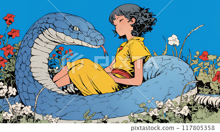 For New Year's cards: A young woman who is friends with a snake 117805358