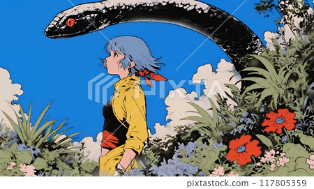 For New Year's cards: A young woman who is friends with a snake 117805359