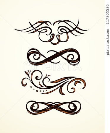 Old cute romantic book ribbon bow swirly tag swoosh element isolated on white paper card backdrop. Freehand black ink pen outline drawn curly corner sketchy in artistic rustic curlicue scrawl style Old cute romantic book ribbon bow swirly tag swoosh element isolated on white paper card backdrop. Freehand black ink pen outline drawn curly corner sketchy in artistic rustic curlicue scrawl style 117805586