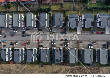 Aerial view of European real estate neighborhood, residential area housing estate, urban environment, city houses from above Aerial view of European real estate neighborhood, residential area housing estate, urban environment, city houses from above 117806070