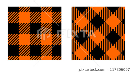 Halloween or Thanksgiving day checkered print. Black and orange gingham texture. Fabric design for autumn picnic plaid, blanket, napkin or tablecloth. Vector flat illustration Halloween or Thanksgiving day checkered print. Black and orange gingham texture. Fabric design for autumn picnic plaid, blanket, napkin or tablecloth. Vector flat illustration 117806097