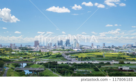 Aerial view of the Minuma rice fields under the summer sky in Saitama Prefecture, Saitama City Aerial view of the Minuma rice fields under the summer sky in Saitama Prefecture, Saitama City 117806183