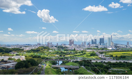 Aerial view of the Minuma rice fields under the summer sky in Saitama Prefecture, Saitama City 117806184