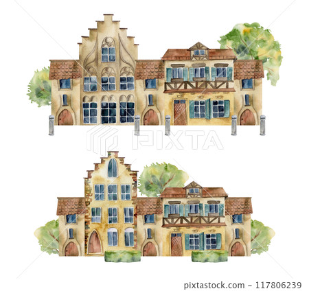 Old European city town street houses urban facades. Historical cityscape building, green trees. Watercolor hand drawn illustration. For tourist shops, souvenirs, travel brochures, architectural bureau Old European city town street houses urban facades. Historical cityscape building, green trees. Watercolor hand drawn illustration. For tourist shops, souvenirs, travel brochures, architectural bureau 117806239