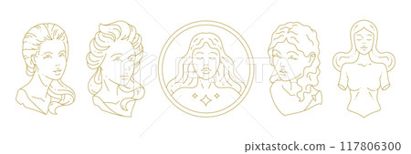 Beauty bohemian mystic bust sculpture woman minimal golden line art icon set vector illustration 117806300
