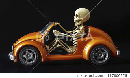 Skeleton driving a car on a black background.AI-generated item 117806556