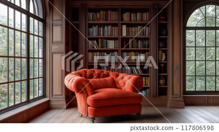 A sofa in front of a bunch of books 117806598
