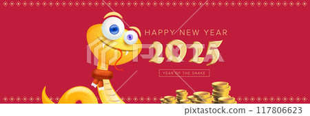 Happy Chinese New Year 2025 wide banner vector design with cute and elegant golden snake and golden coins. Cartoon snake with scarf symbol of 2025 lunar year. New year illustration 117806623