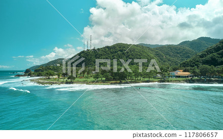 Panoramic aerial view of the La Punta beach, space for surfers in Los Caracas, La Guaira - Venezuela. Vargas state coastline 117806657