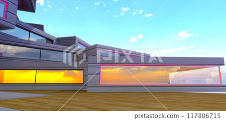 Architecture of the future. Spiral arrangement of apartments with large panoramic windows. A terrace for each resident. 3D rendering. Architecture of the future. Spiral arrangement of apartments with large panoramic windows. A terrace for each resident. 3D rendering. 117806715
