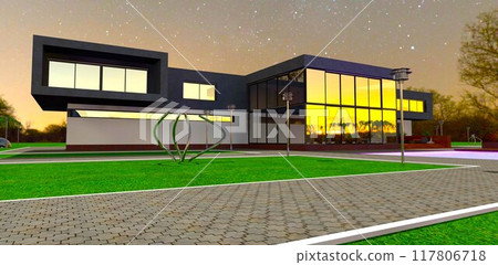 Darkness over the grounds of a luxury countryside estate. Reflection of distant lights from a nearby village. 3D rendering. 117806718