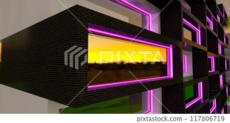 Decorative purple LED frame around the perimeter of the panoramic window of a low-rise residential building. 3D rendering. 117806719