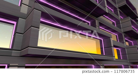 Protruding window of a textured facade with metallic cladding. Purple LED frame as nighttime exterior decor. 3D rendering. Protruding window of a textured facade with metallic cladding. Purple LED frame as nighttime exterior decor. 3D rendering. 117806735