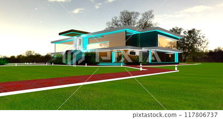 Red brick paved pedestrian walkway with white curbing leading to an elite innovative cottage with facade lighting at night. 3D rendering. Red brick paved pedestrian walkway with white curbing leading to an elite innovative cottage with facade lighting at night. 3D rendering. 117806737