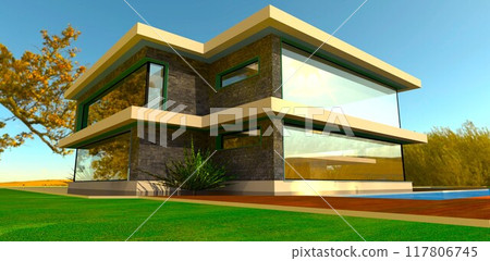 Sunlight reflections on the glass facade of a countryside cottage with gray natural granite inserts. 3D rendering. Sunlight reflections on the glass facade of a countryside cottage with gray natural granite inserts. 3D rendering. 117806745