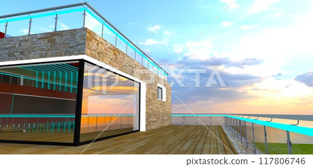 The sun is hidden behind clouds. View from a wooden terrace enclosed with metal railings featuring glass inserts. 3D rendering. The sun is hidden behind clouds. View from a wooden terrace enclosed with metal railings featuring glass inserts. 3D rendering. 117806746