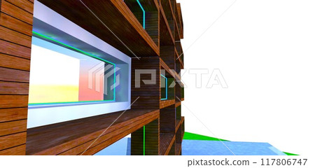 The use of wooden elements for exterior cladding of modern residential buildings. 3D rendering. 117806747