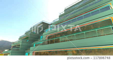 Tiered facade finished with aluminum panels. The building is located in a mountainous area with exterior lighting elements. 3D rendering. Tiered facade finished with aluminum panels. The building is located in a mountainous area with exterior lighting elements. 3D rendering. 117806748