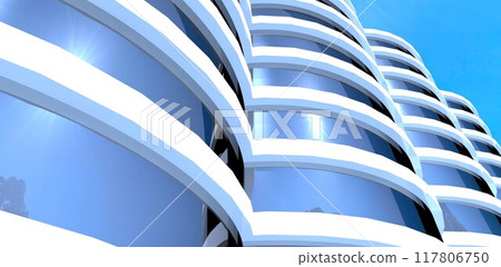 View from below of a cylindrical low-rise office building consisting of four interconnected sections against a clear sky. 3D rendering. View from below of a cylindrical low-rise office building consisting of four interconnected sections against a clear sky. 3D rendering. 117806750