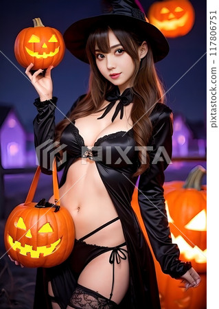 一個穿著萬聖節服裝、拿著南瓜燈的女人 117806751