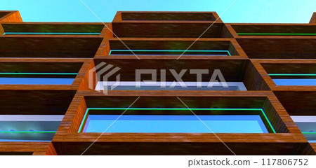 View from below of a low-rise office building with large panoramic windows and wooden exterior cladding against a blue sky. 3D rendering. 117806752