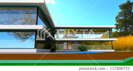 View of the entrance to a private countryside home with a glass facade. Straight lines highlight the trendiness of the architectural project. 3D rendering. 117806753