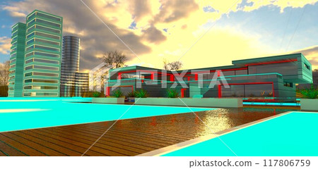 Wooden pedestrian walkway leading to a private luxury estate situated on the water. Bright sunny day. 3D rendering. 117806759