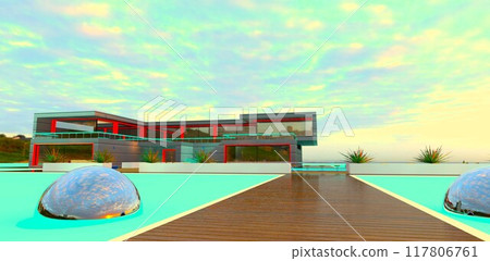 Wooden walkway over the pool at a modern private residence. Unreal metallic spheres floating in the water. 3D rendering. 117806761