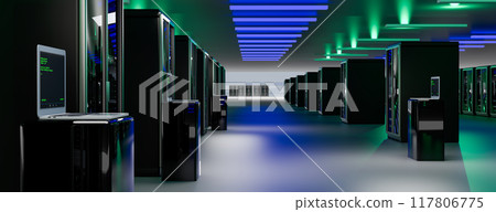 Rackmount LED console in server room data center. Server. Room servers data center. Backup, mining, hosting, mainframe, farm and computer rack with storage information. 3d render 117806775