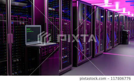 Rackmount LED console in server room data center. Server. Room servers data center. Backup, mining, hosting, mainframe, farm and computer rack with storage information. 3d render 117806776