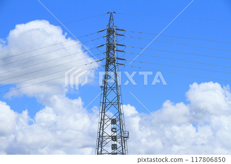 Clouds and steel towers in the blue sky Clouds and steel towers in the blue sky 117806850