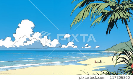 A tropical resort with beautiful palm trees, beach, ocean and blue sky: Copy space available A tropical resort with beautiful palm trees, beach, ocean and blue sky: Copy space available 117806860