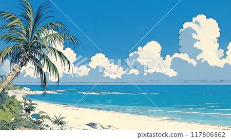 A tropical resort with beautiful palm trees, beach, ocean and blue sky: Copy space available A tropical resort with beautiful palm trees, beach, ocean and blue sky: Copy space available 117806862