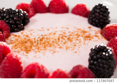 Raspberries and blackberries laid out on a white plate in circle with yogurt and cinnamon Raspberries and blackberries laid out on a white plate in circle with yogurt and cinnamon 117807087