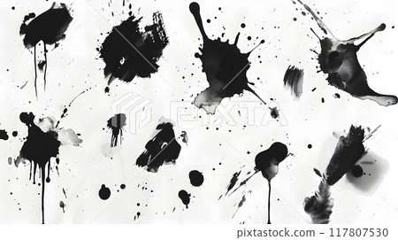 Abstract black ink splashes on white background are perfect for creative projects requiring a bold, dynamic appearance, adding a distinctive and visually impactful touch 117807530
