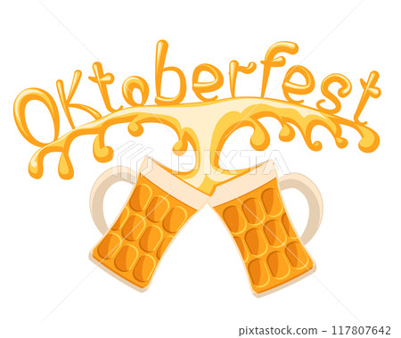 Oktoberfest text from splashes of beer flying. Beer glasses Oktoberfest text from splashes of beer flying. Beer glasses 117807642