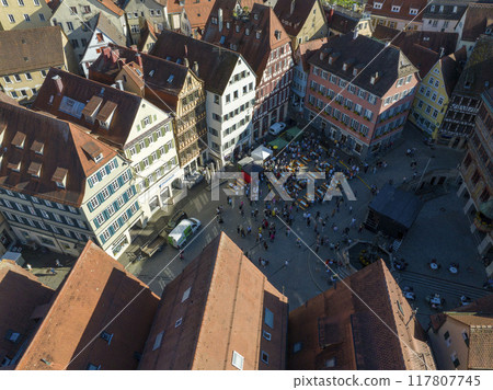 Tuebingen Town in Baden Wurttemberg, Germany, Europe, Aerial Drone flyby Shot above Tubingen - the old historical town  117807745