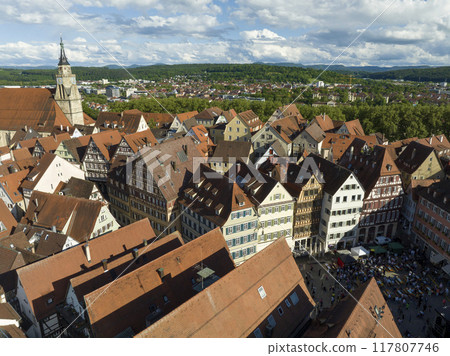 Tuebingen Town in Baden Wurttemberg, Germany, Europe, Aerial Drone flyby Shot above Tubingen - the old historical town  117807746