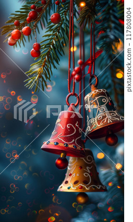 Handmade Christmas Bells with Red Berries on a Festive Branch 117808004