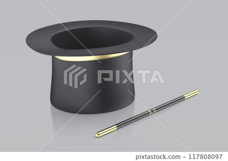 Magician top hat and magic wand 117808097